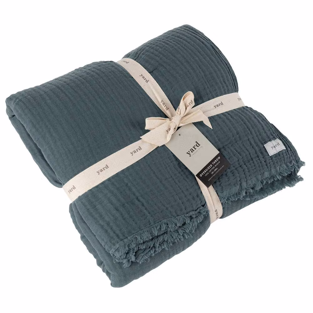 Yard Lark 100% Cotton Muslin Frayed Edge Throw in Dark Blue, W: 130 cm, D: 180 cm – 2