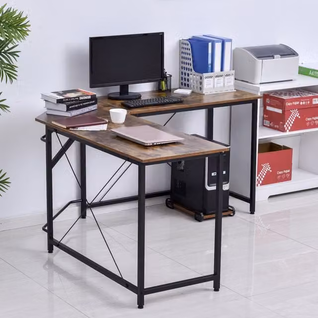 HOMCOM L-Shaped Corner Computer Desk in Black and Brown Wood Grain
