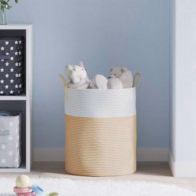Berkfield Cotton Home Storage Basket in Beige and White, W: 38 cm, H: 46 cm