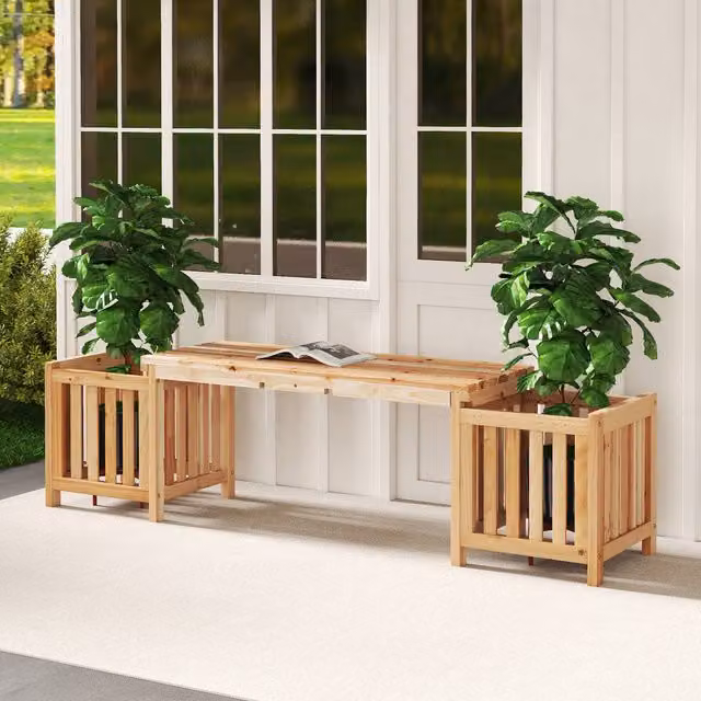 Costway Rustic Brown Wooden Patio Bench with Planter for Garden and Terrace