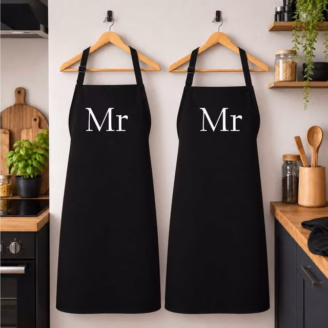 60 SECOND MAKEOVER Men's MR & MR Black Apron Set for Adults