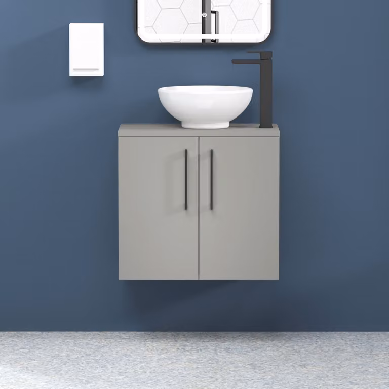 Royal Bathrooms Modena 800mm Wall Hung Vanity Unit in Satin Grey with 2 Doors, Matt Black Handles and Countertop Basin