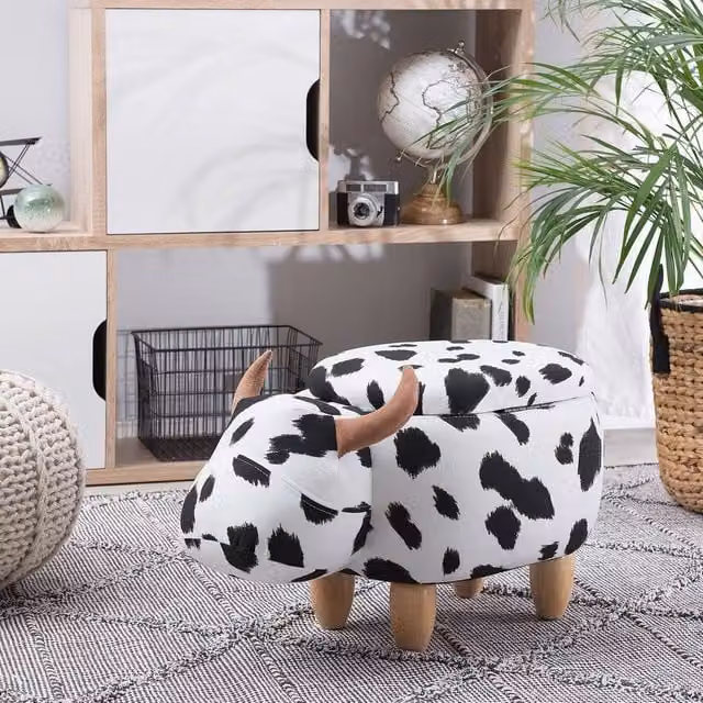 Wyld and Coco Cow Print Storage Stool in White and Black Faux Leather with Rubberwood Legs
