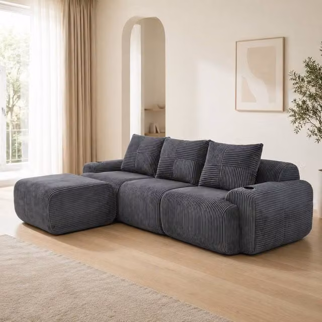 STILVORA Reversible L-Shape 3-Seater Modular Sofa with Cup Holders and Storage in Grey – 1