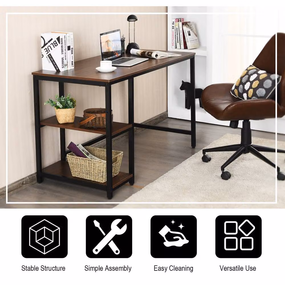 Costway Industrial Computer Desk with Storage Shelves in Brown, W: 120 cm, D: 60 cm – 6