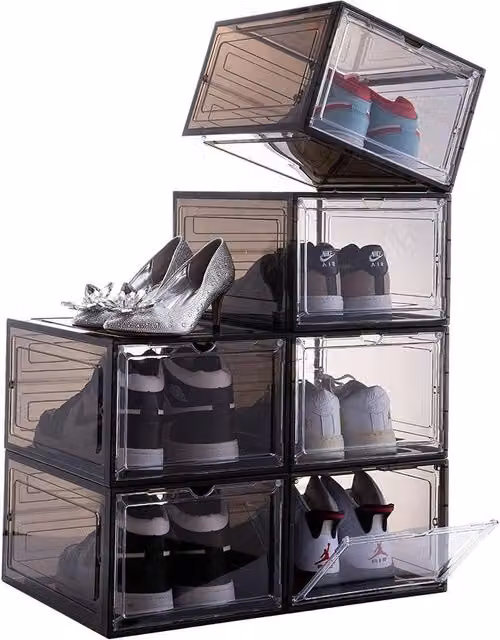 FORGEVIO Black 6 Pack Transparent Clear Stackable Acrylic Shoe Storage Box Rack, Width: 50 cm – 1