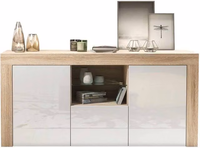 PAWNORA Modern White Glossy Wood TV Unit and Sideboard Storage Cabinet – 1