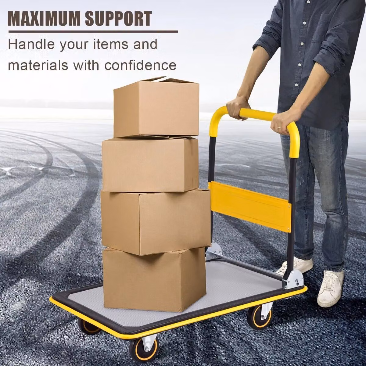 Costway Folding Push Cart Dolly Moving Hand Truck Rolling Flatbed Platform Cart, Yellow Steel, 300kg Capacity – 2
