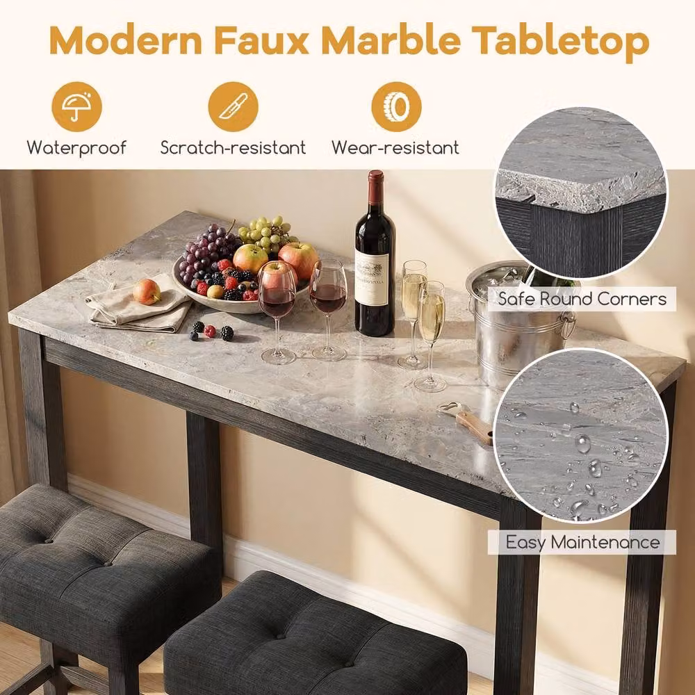 Costway Faux Marble Bar Table Set with Charging Station and 2 Padded Stools in Grey – 8