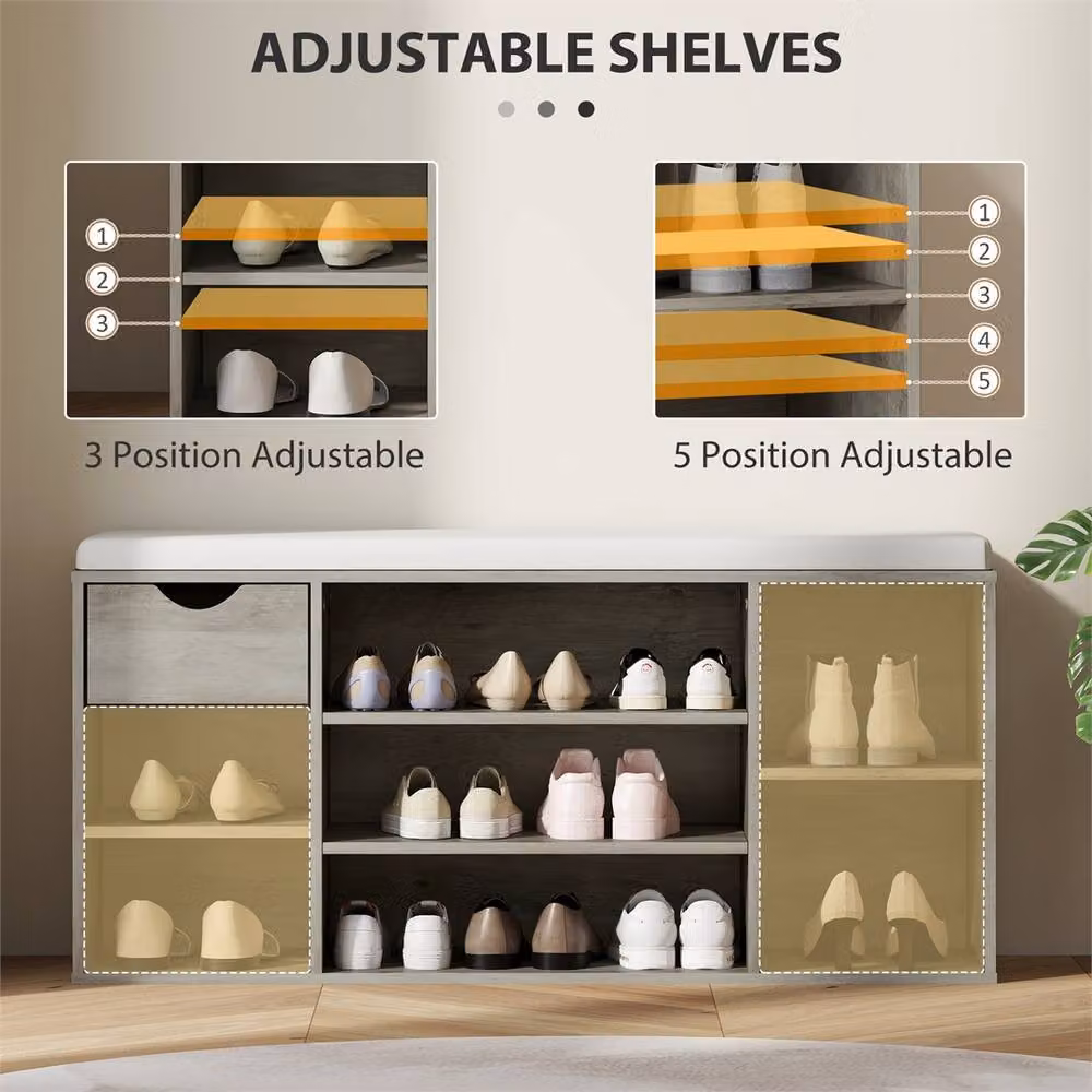 EONLION Grey Adjustable Shoe Storage Bench with Back Panel – 3