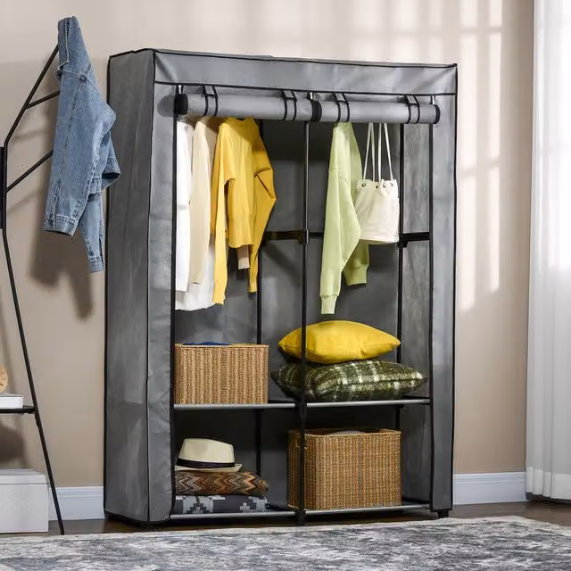 HOMCOM Portable Fabric Wardrobe with 4 Shelves and 2 Hanging Rails, Light Grey