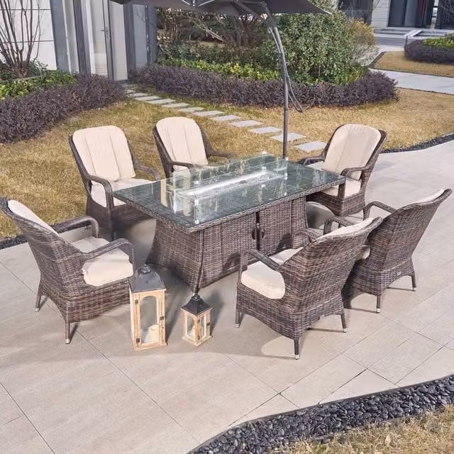 Direct Wicker 7-Piece Outdoor Dining Set with Brown Polyrattan Fire Pit Table and Glass Top for 6 Adults – 1