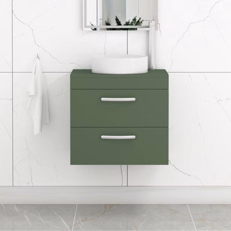 Royal Bathrooms Turin 800mm Wall Hung 2 Drawer Vanity Unit with Countertop Basin in Matt Green and Matt Black Handles