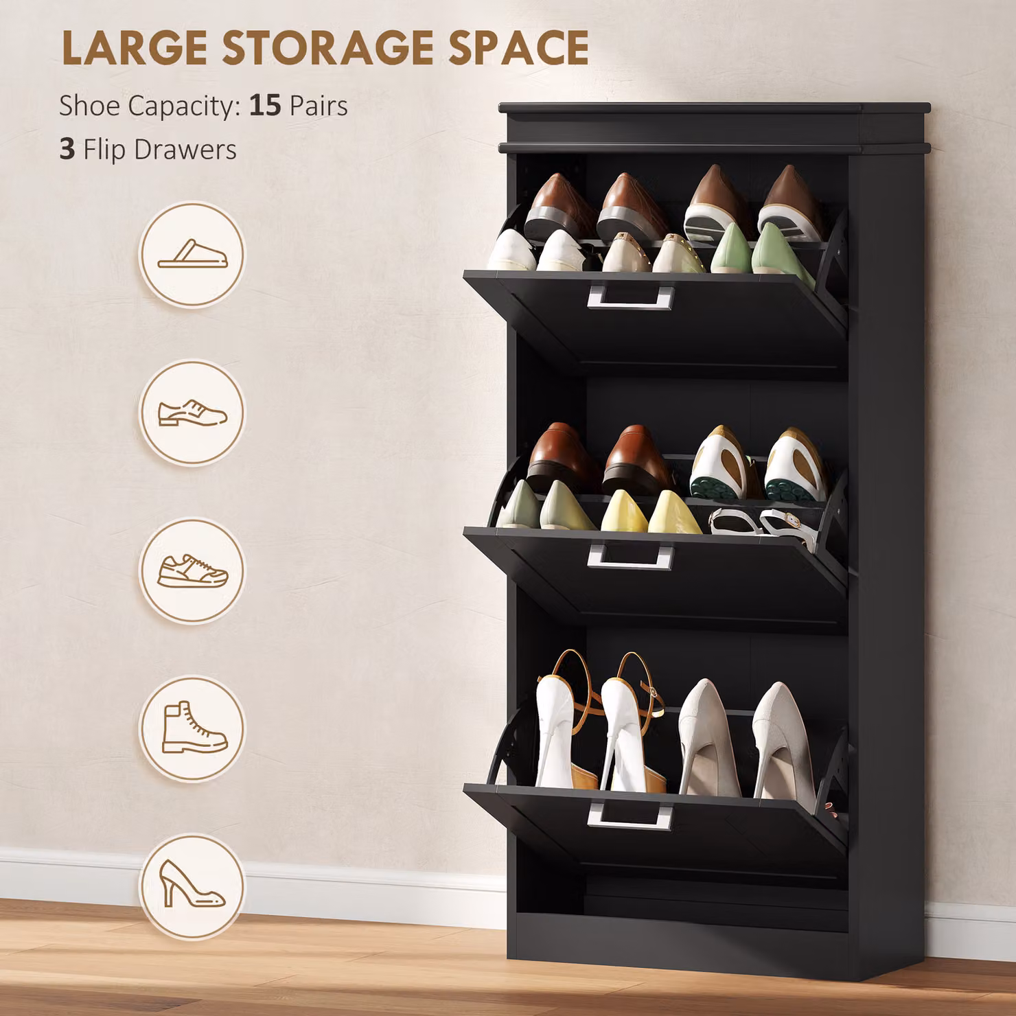 HOMCOM Minimalist Black Wall-Mounted Shoe Cabinet with Tilting Compartments and Internal Shelves, W/D/H: 117.5 x 17.9 x 54.0 cm – 4