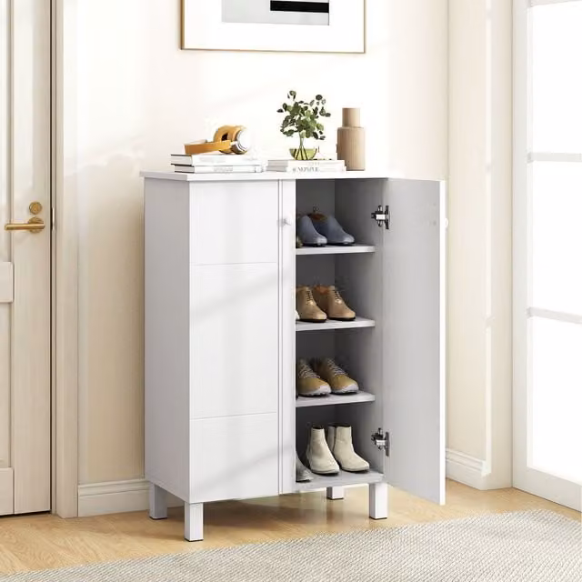 COSTWAY Freestanding 4-Tier Shoe Organizer with Hinged Doors and Internal Shelves, White
