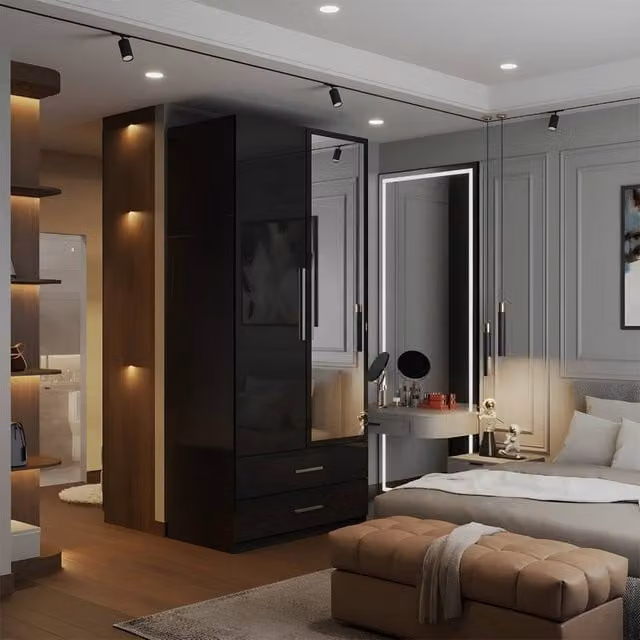 Sliding Wardrobes 4U High Gloss 2 Door Mirrored Wardrobe with Internal Drawers in Black, W: 80 cm, H: 200 cm