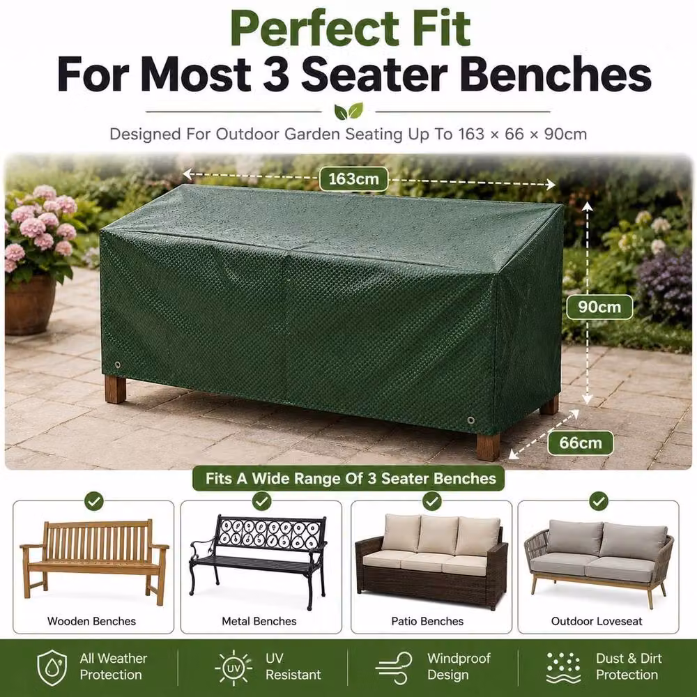 NESTLUNE Heavy Duty Water Repellent 3 Seater Garden Bench Seat Cover in Green, W/D/H: 100 x 15 x 15 cm – 3