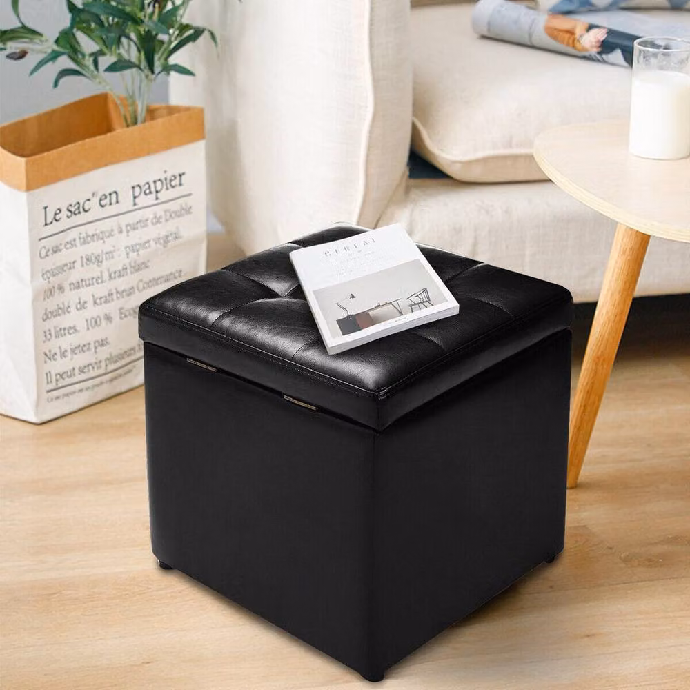 KORVIXA Faux Leather Storage Ottoman Cube Pouffe in Black, W/D/H: 100 x 100 x 100 cm – 2