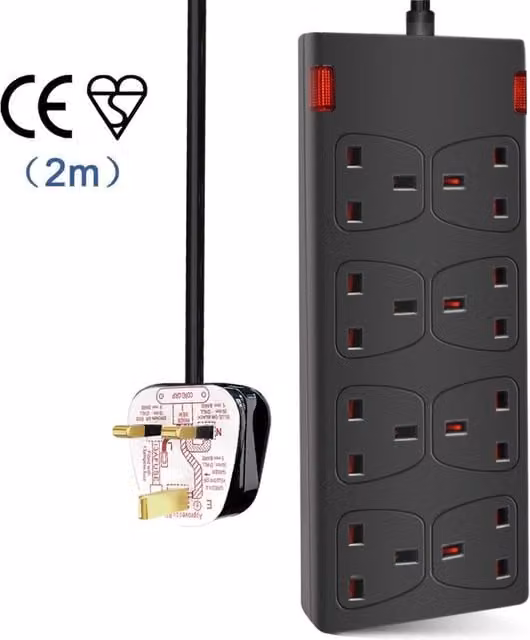 Livingandhome 8 Way Socket with 2m Cable, Indicator Light and Child-Resistant Sockets, Black