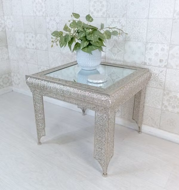 Downton Interiors Agadir Collection Silver Embossed Metal and Mirrored Glass Square Side Table