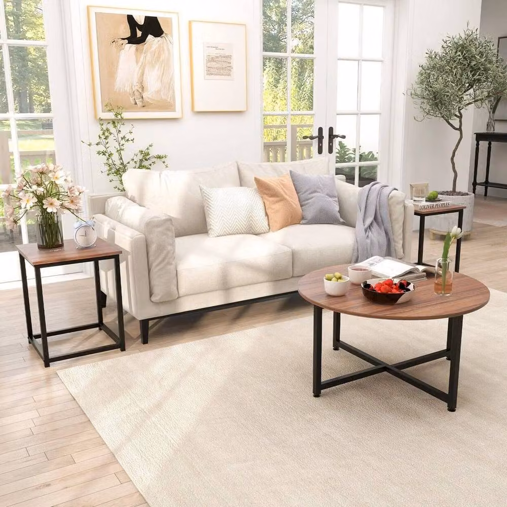 Kelvenix Round Coffee Table and 2 Square End Tables in Brown with Metal and Wood Geometric Design – 3