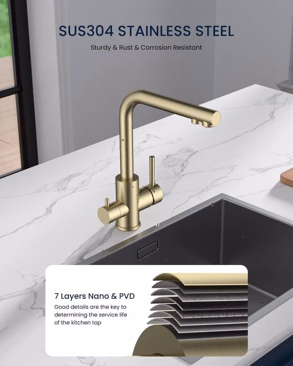 JANLEMNY Brushed Gold 3-in-1 Dual Lever Filter Mixer Tap with 360 Degree Swivel Spout – 5