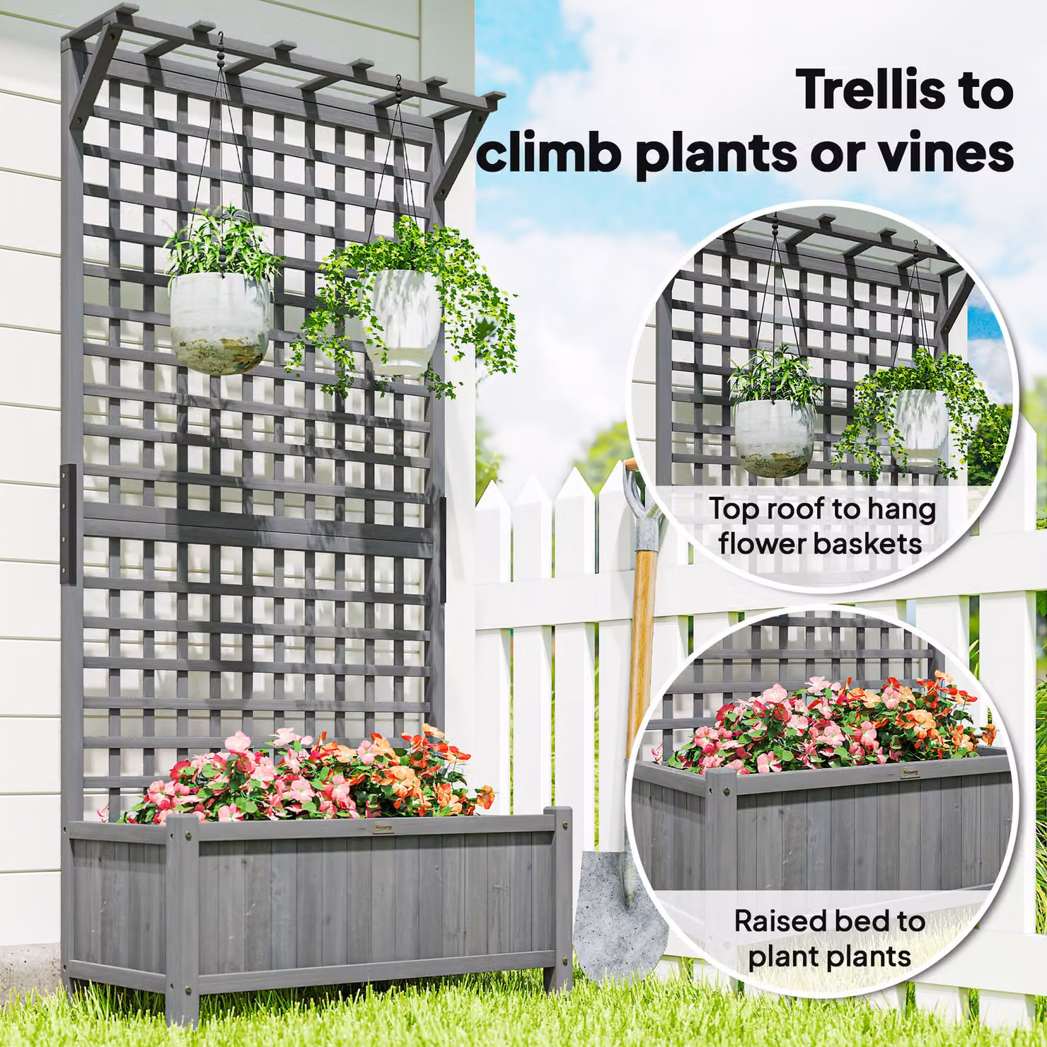 Outsunny Wooden Raised Bed with Trellis and Drainage Holes for Vegetables and Flowers, Dark Grey, W: 183 cm, D: 90 cm, H: 45 cm – 4