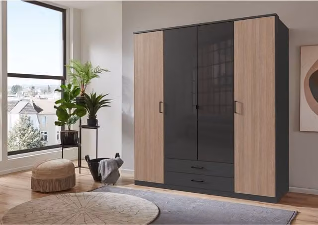 TJS Fulda 4-Door Wardrobe in Graphite and Multiplex Optic, Width: 180 cm