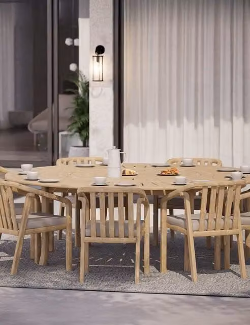 Royalcraft Maris 8 Seater Round Garden Dining Set in Beige Treated Hardwood