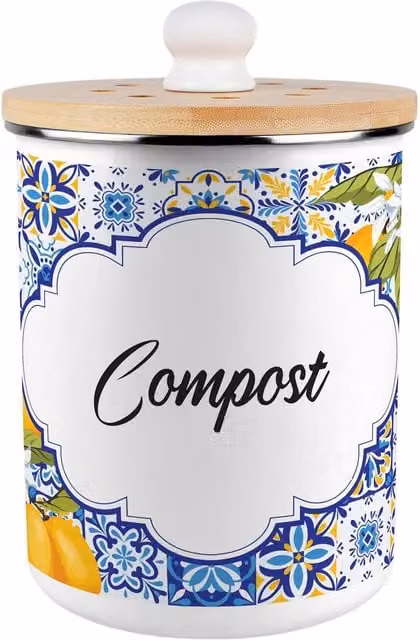 Purely Home Amalfi Lemons Metal Compost Caddy with Flip Lid, 2L, Blue, Yellow and White