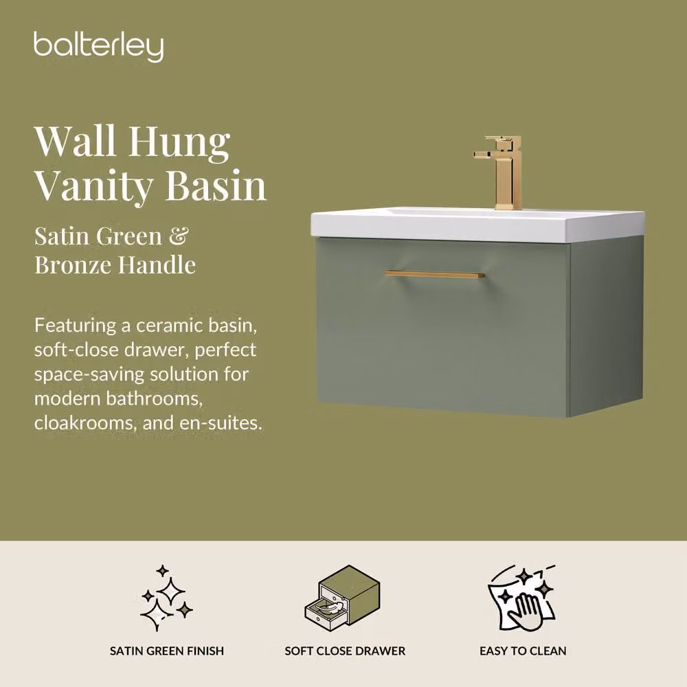 Balterley Satin Green Wall Hung 1 Drawer Vanity Basin Unit with Bronze Handle, W: 60 cm, D: 60 cm, H: 60 cm – 2