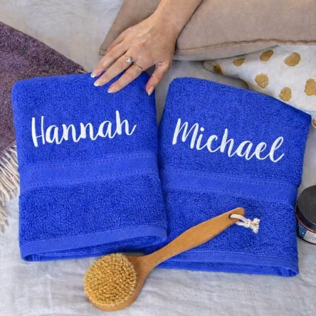 Duncan Stewart Personalised Blue Cotton Terry Bath Towel Set for Couples