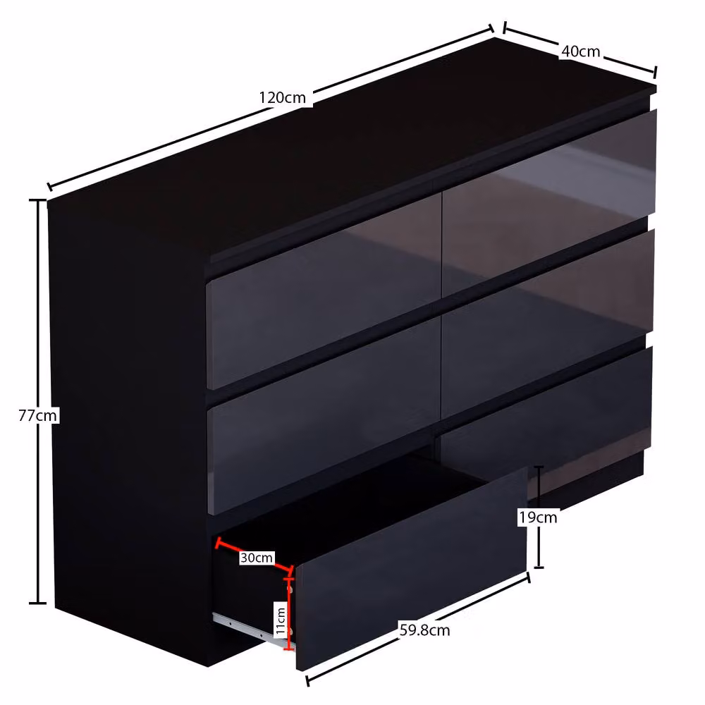 HD Designs High Gloss 6 Drawer Chest of Drawers in Black – 2