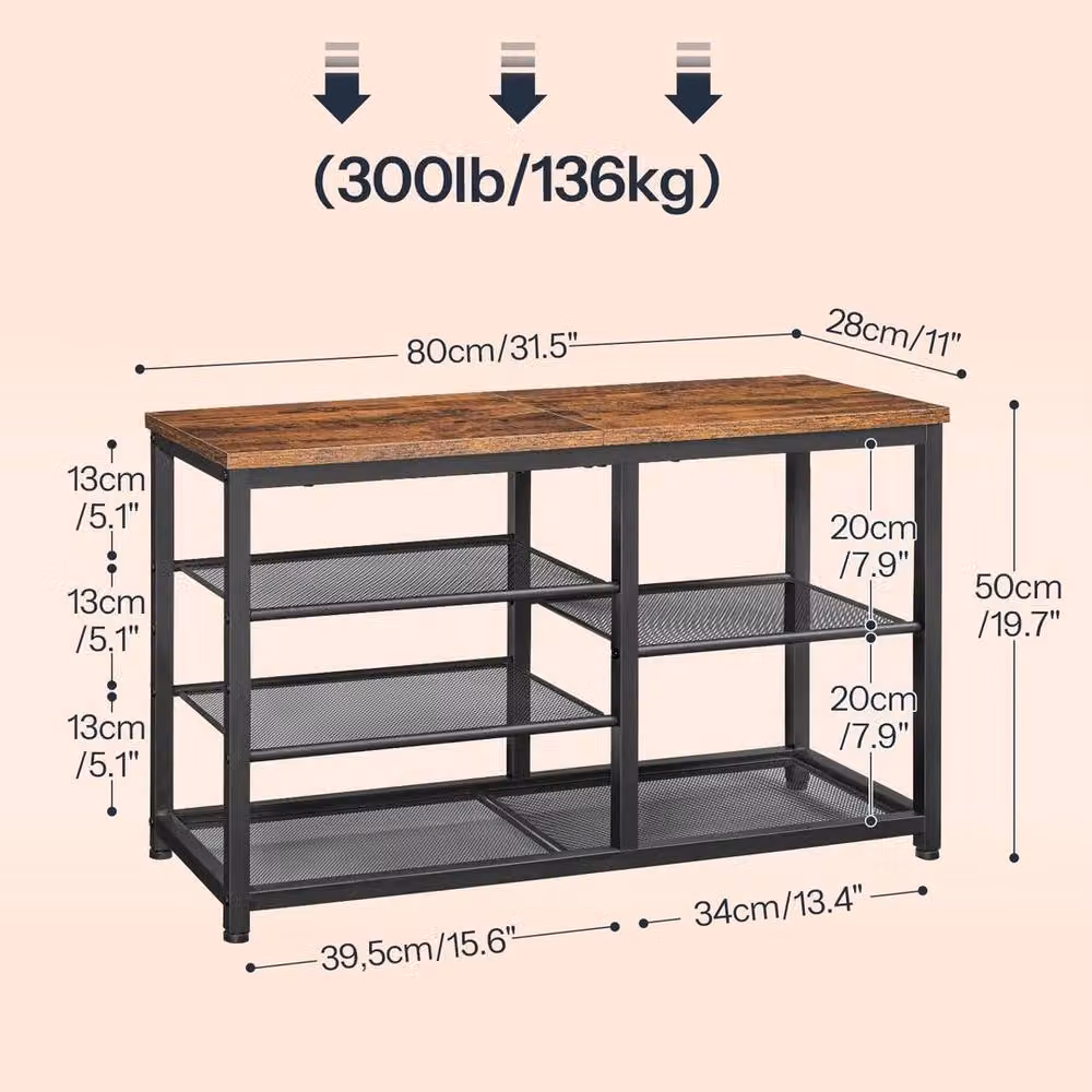 FORGEVIO Rustic Brown and Black 5-Tier Shoe Bench with Seat, W/D/H: 80 x 28 x 50 cm – 2