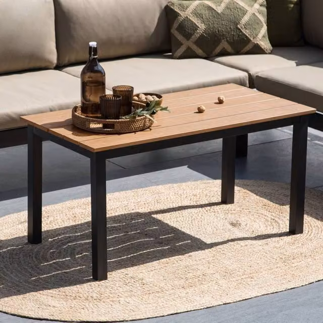 Wyld and Coco Outdoor Coffee Table with Brown Plastic Wood Top and Black Powder Coated Aluminium Frame, W/D/H: 96 x 52 x 50 cm – 1