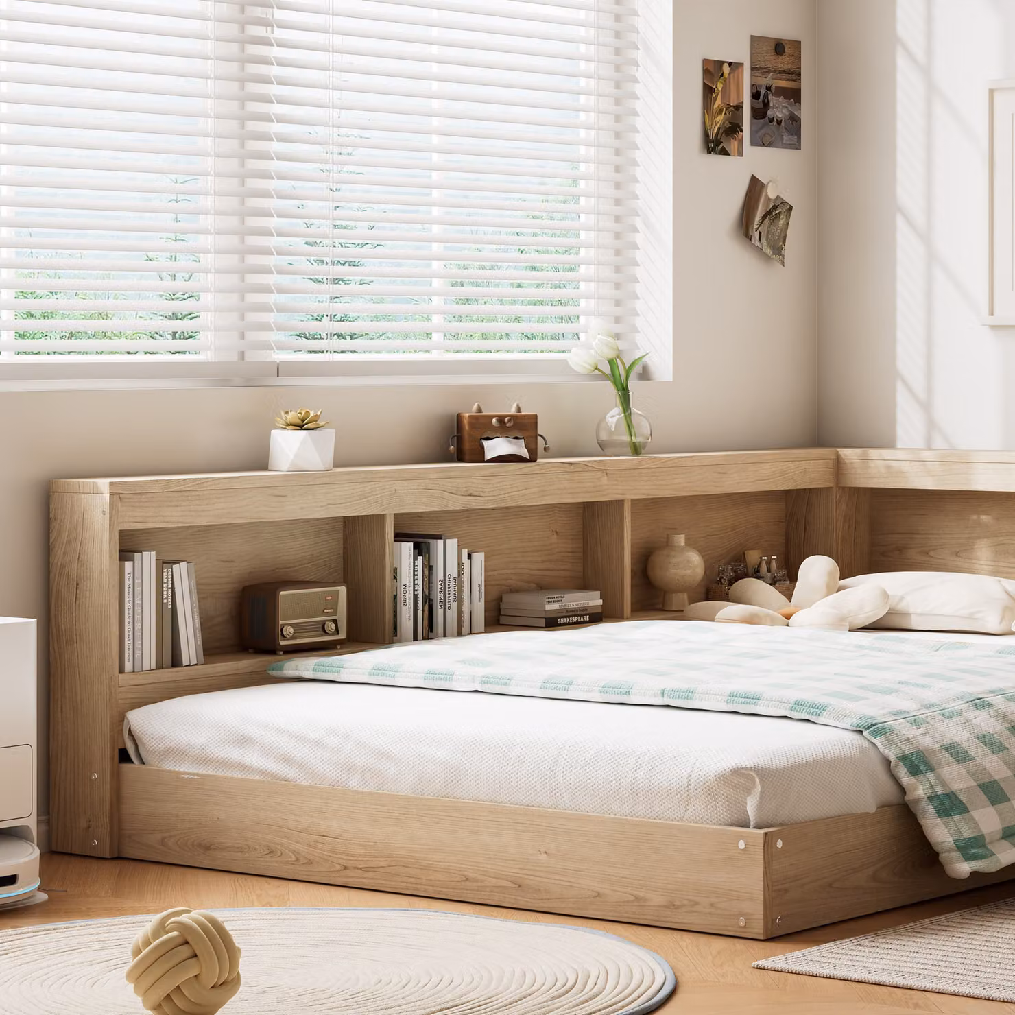 Aosom.UK White Oak Double Storage Bed with Side Compartments, W: 153 cm, D: 208 cm, H: 60 cm – 5