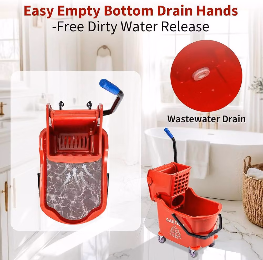 London Boutique 32L Commercial Mop Bucket with Side Press Wringer in Red – 4