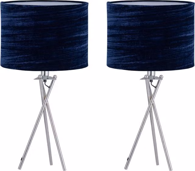 First Choice Lighting Set of 2 Chrome Tripod Table Lamps with Navy Blue Velvet Shades – 1