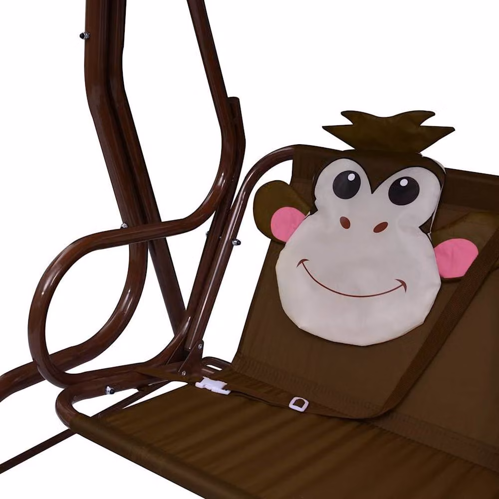 Berkfield Home Kids Swing Bench in Brown with Sun Canopy and Fabric Seat, W/D/H: 115 x 75 x 110 cm – 5