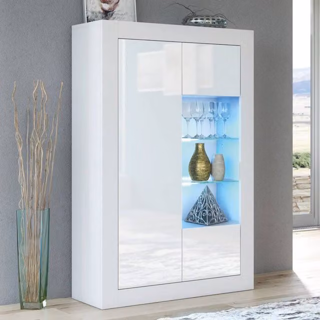 Creative Furniture Arcadia Display Cabinet in White with Glossy Glass Doors and Integrated LED Lighting