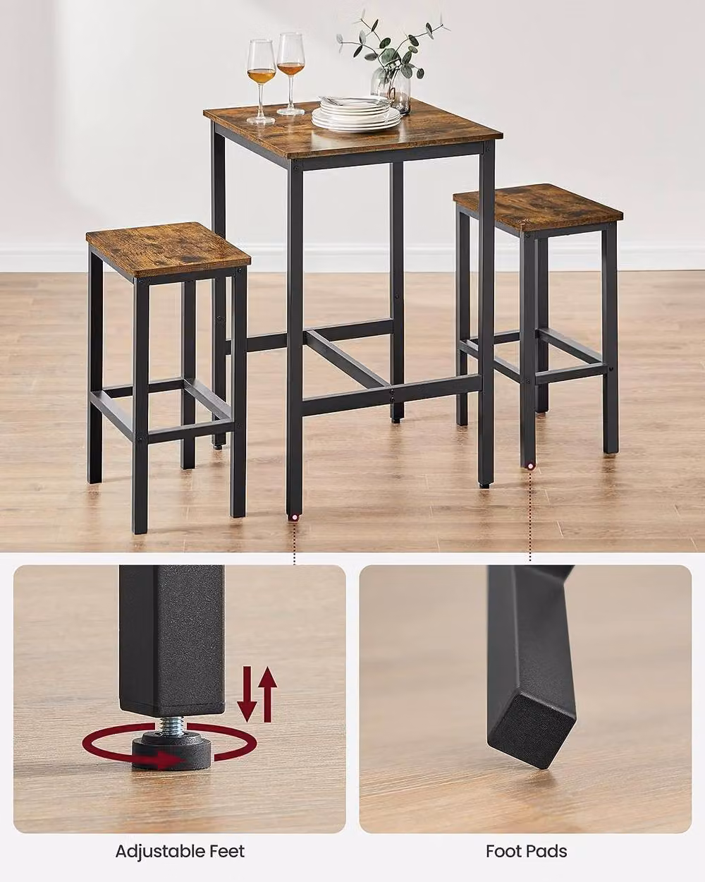 VASAGLE Brown Industrial Space Saving Bar Table and Stools Set – 5