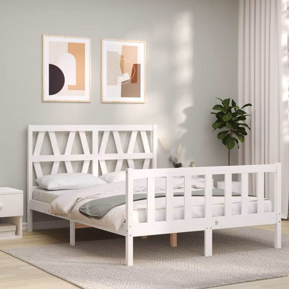 Berkfield Home Solid Wood Bed Frame with Headboard in White, W/D/H: 120 x 200 cm – 2