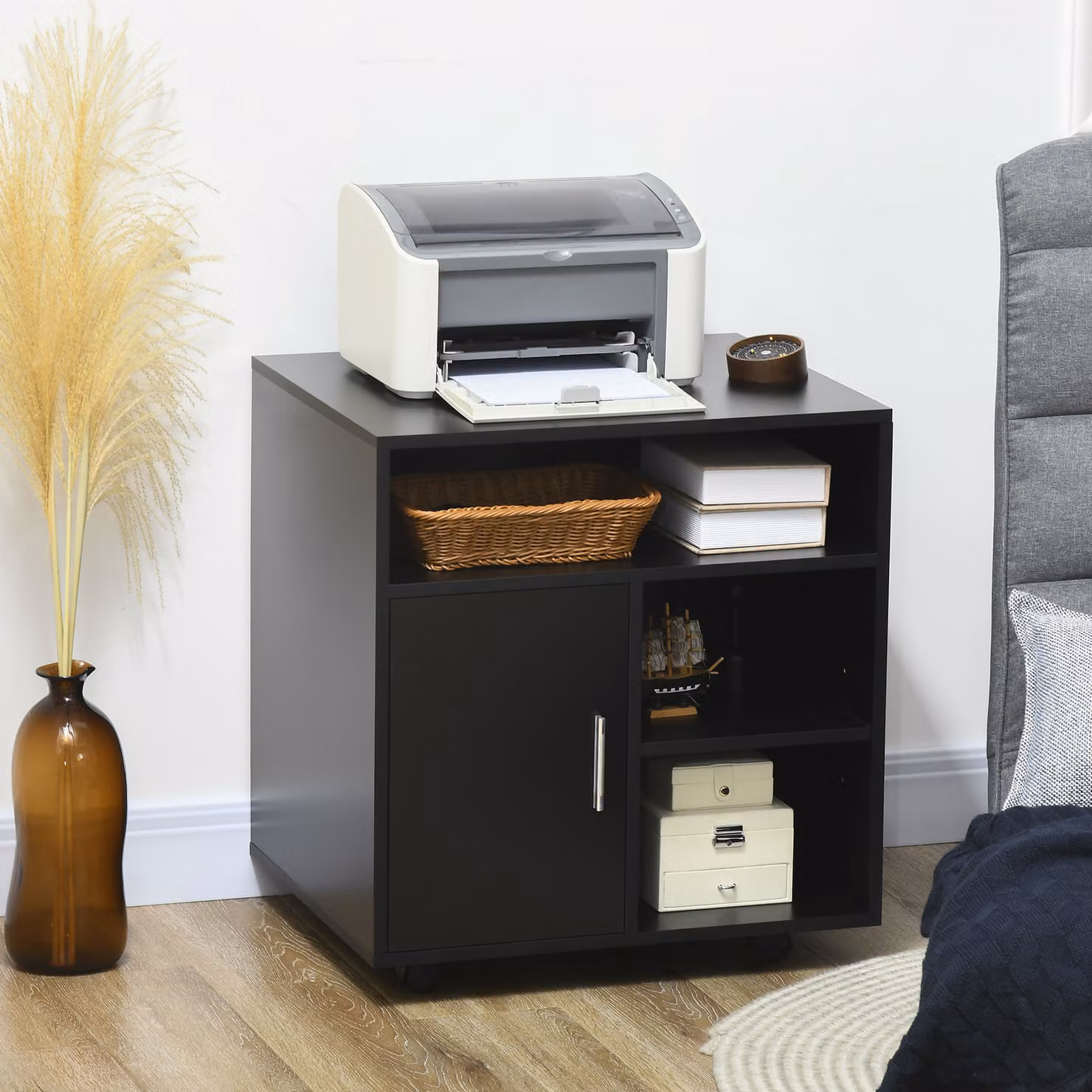 HOMCOM Mobile Printer Stand with Multiple Storage, Modern Black Office Desk Side Unit on Wheels, W: 60 cm, D: 50 cm, H: 65.5 cm – 2