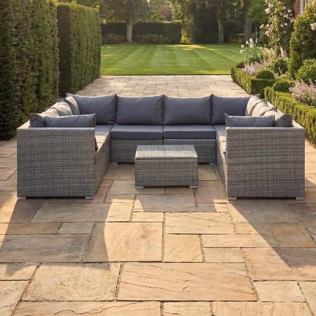 Artemis Home Oliena 8 Seat Modular Rattan Small U-Shape Garden Furniture Set in Grey and Brown