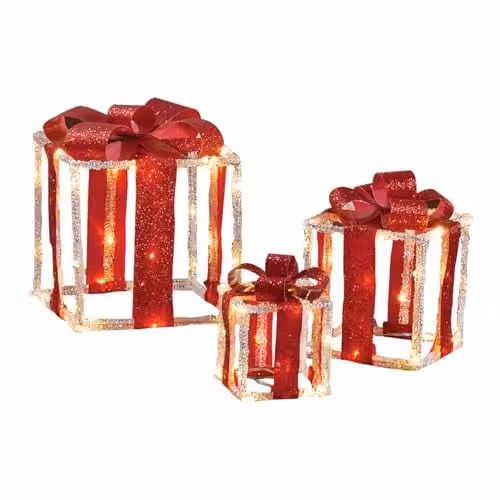 The Christmas Workshop Light-Up Gift Boxes, Set of 3, White and Red with Warm White LED Lights and Timer Function, Battery Powered, W/D/H: 22.0 x 20.0 x 20.0 cm