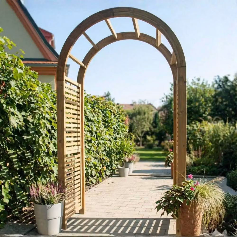Jagram Garden Buildings Rose Wooden Garden Arch in Brown, Contemporary Pressure Treated Timber Trellis Support, H 244 x W 68 x D 68 cm – 3