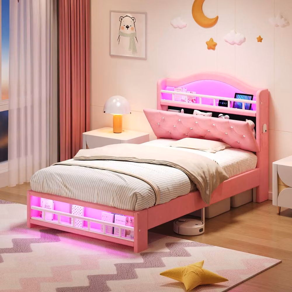 ModernLuxe Upholstered Single Bed Frame in Pink with LED Storage Headboard and USB Charging Port, W/D/H: 90 x 190 x 117 cm – 2
