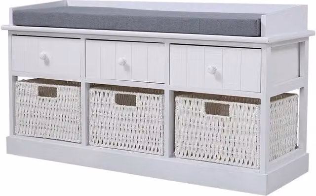PAWNORA White Bench Storage Cabinet with 3 Drawers and 3 Baskets