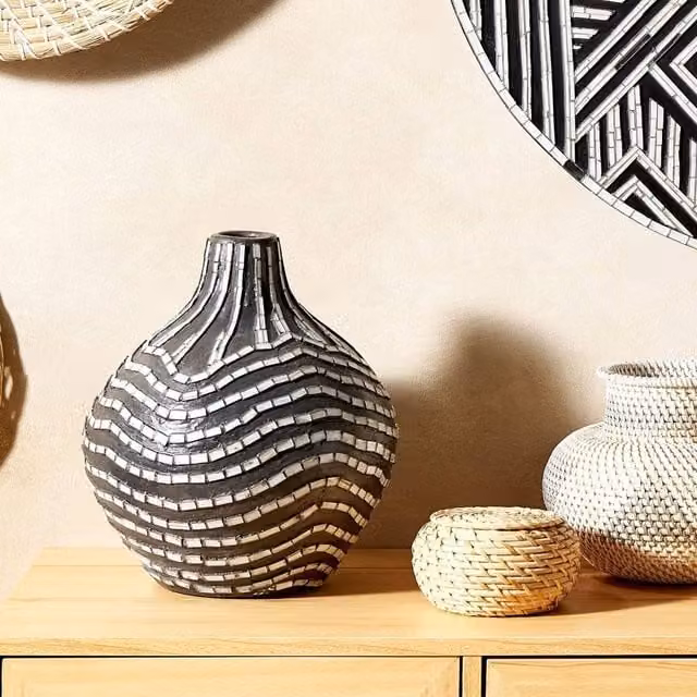 Wyld and Coco Modern Black and White Striped Ceramic Tabletop Vase, Height: 35 cm