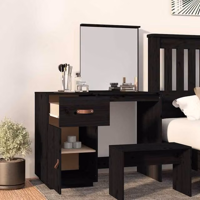 Berkfield Home Beautiful Dressing Table in Black Solid Wood Pine, W/D/H: 95 x 50 x 134 cm